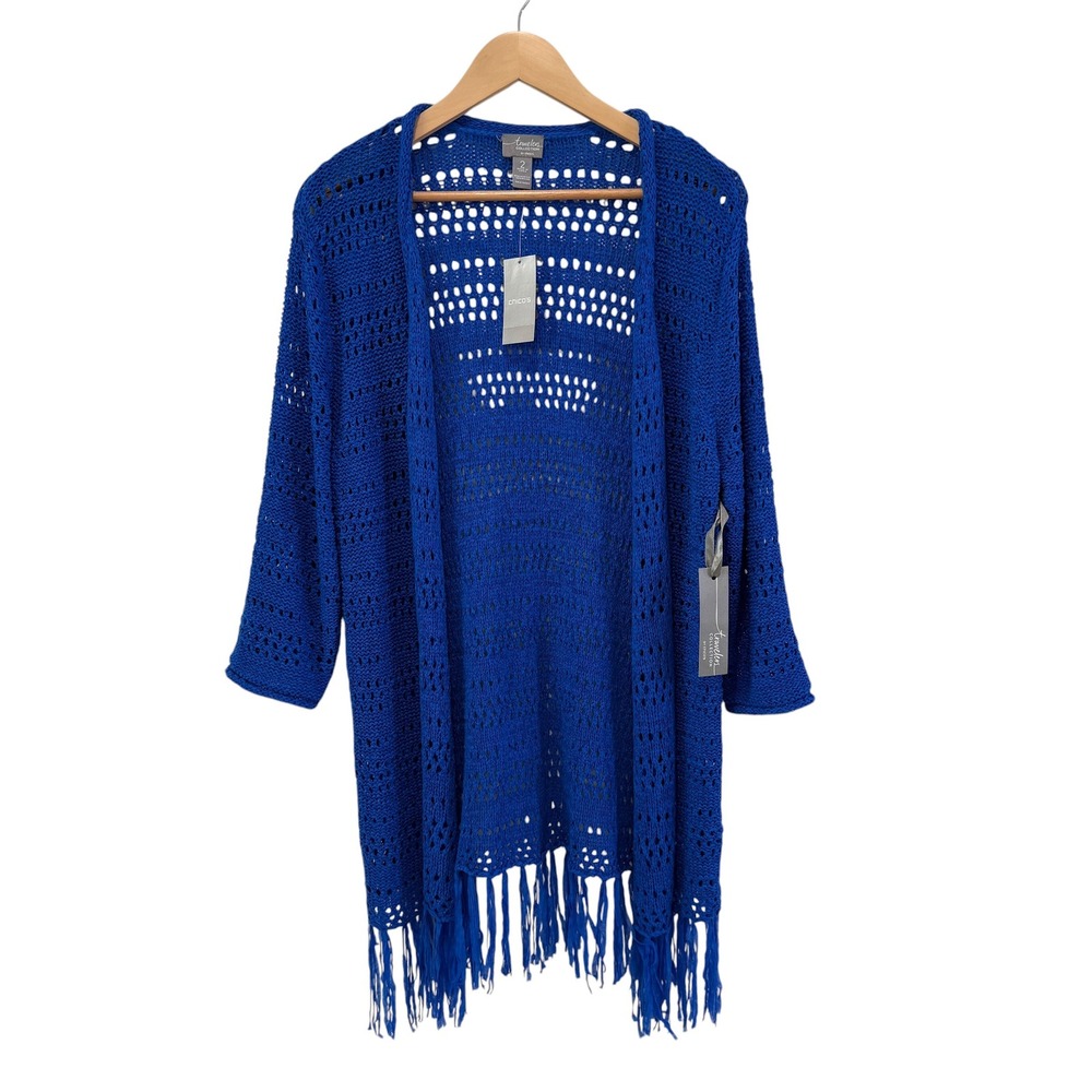NWT Chico's Travelers Fringe Cardigan L 2 Kinetic Blue Open Knit Coastal Preppy - Picture 2 of 8